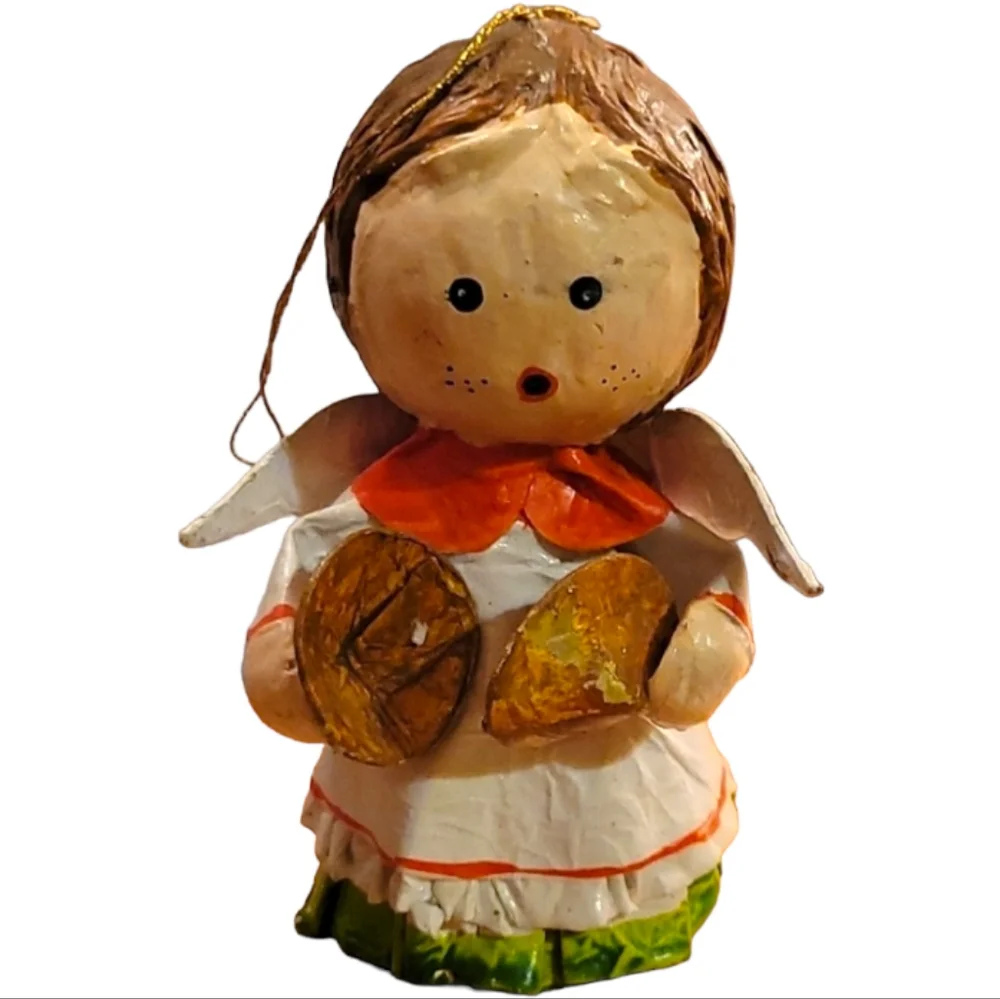 Vtg Handmade Paper Mache Glazed Angel Christmas Tree Ornament Cymbals Music
